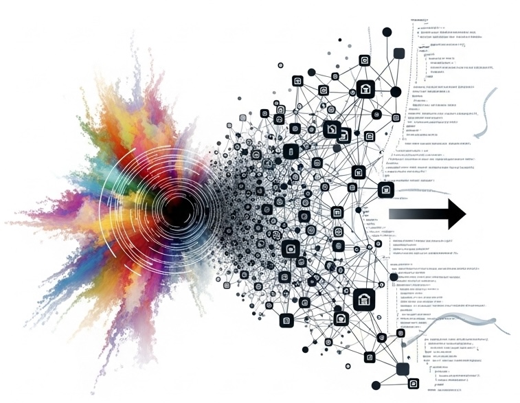 A rainbow water-color explosion siphoned into a black hole from the left-hand side, with icons connected like a graph on the right